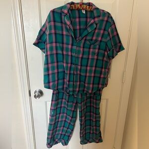 Victoria Secret pink and green pj set. Top Size M, bottom Size L.